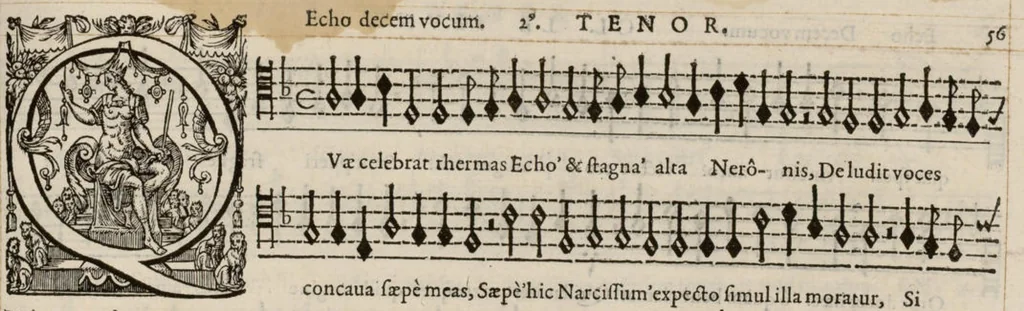 An illustration from Meslanges de la musique de Clau. Le Jeune a 4. 5. 6. 8. & 10. parties. Superius., 1587, leaf 118