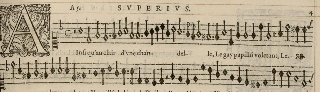 An illustration from Meslanges de la musique de Clau. Le Jeune a 4. 5. 6. 8. & 10. parties. Superius., 1587, leaf 14