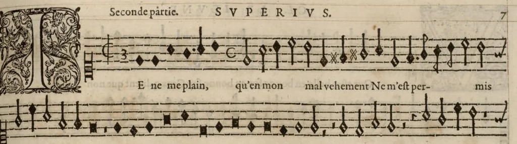 An illustration from Meslanges de la musique de Clau. Le Jeune a 4. 5. 6. 8. & 10. parties. Superius., 1587, leaf 20