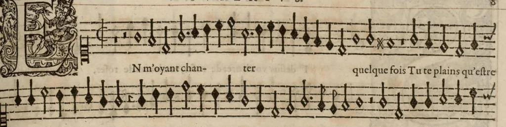 An illustration from Meslanges de la musique de Clau. Le Jeune a 4. 5. 6. 8. & 10. parties. Superius., 1587, leaf 22