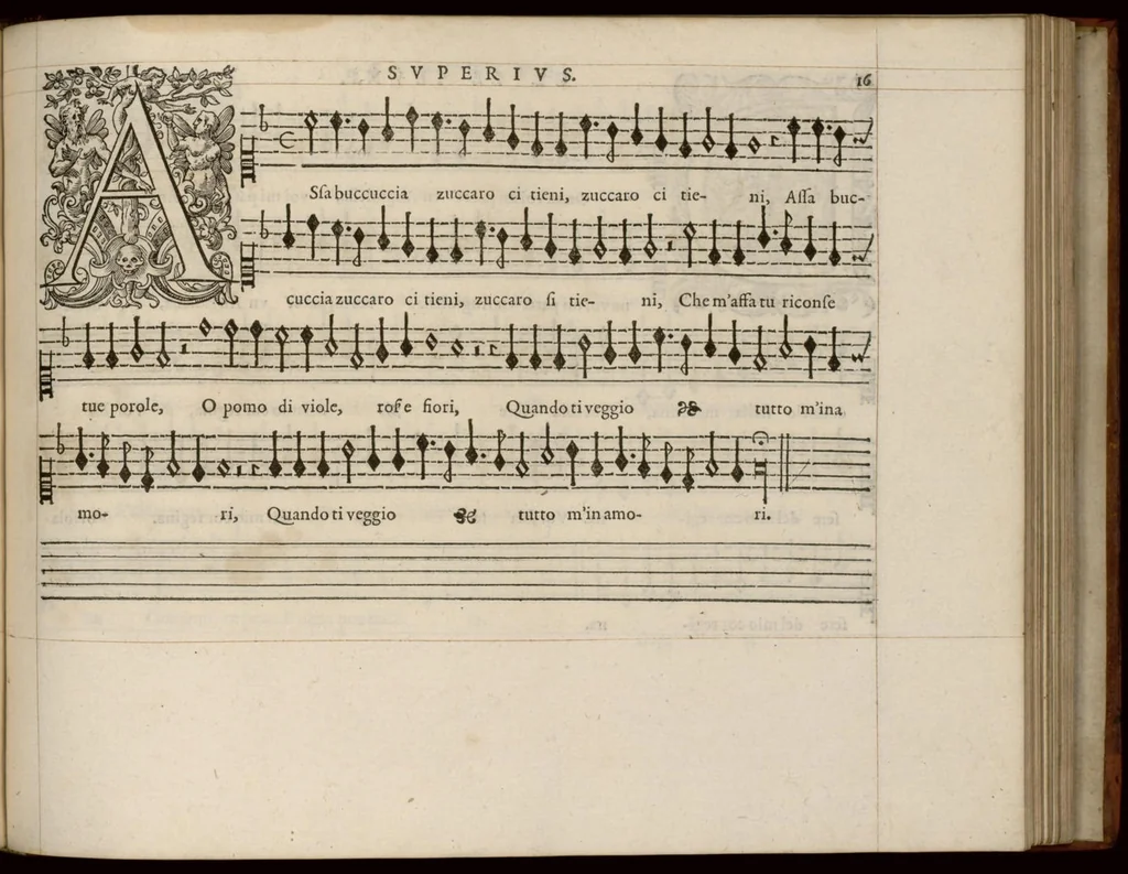 An illustration from Meslanges de la musique de Clau. Le Jeune a 4. 5. 6. 8. & 10. parties. Superius., 1587, leaf 38