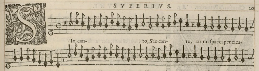 An illustration from Meslanges de la musique de Clau. Le Jeune a 4. 5. 6. 8. & 10. parties. Superius., 1587, leaf 46