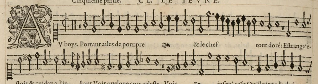 An illustration from Meslanges de la musique de Clau. Le Jeune a 4. 5. 6. 8. & 10. parties. Superius., 1587, leaf 53