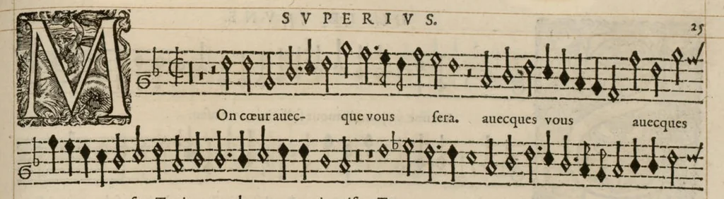 An illustration from Meslanges de la musique de Clau. Le Jeune a 4. 5. 6. 8. & 10. parties. Superius., 1587, leaf 56