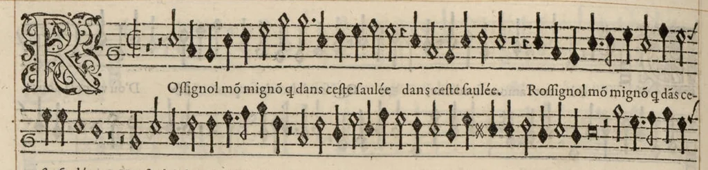 An illustration from Meslanges de la musique de Clau. Le Jeune a 4. 5. 6. 8. & 10. parties. Superius., 1587, leaf 67
