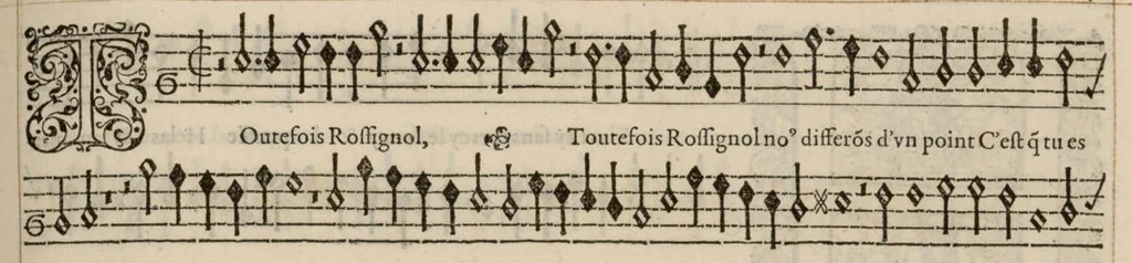 An illustration from Meslanges de la musique de Clau. Le Jeune a 4. 5. 6. 8. & 10. parties. Superius., 1587, leaf 68