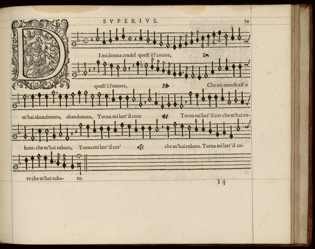 An illustration from Meslanges de la musique de Clau. Le Jeune a 4. 5. 6. 8. & 10. parties. Superius., 1587, leaf 74