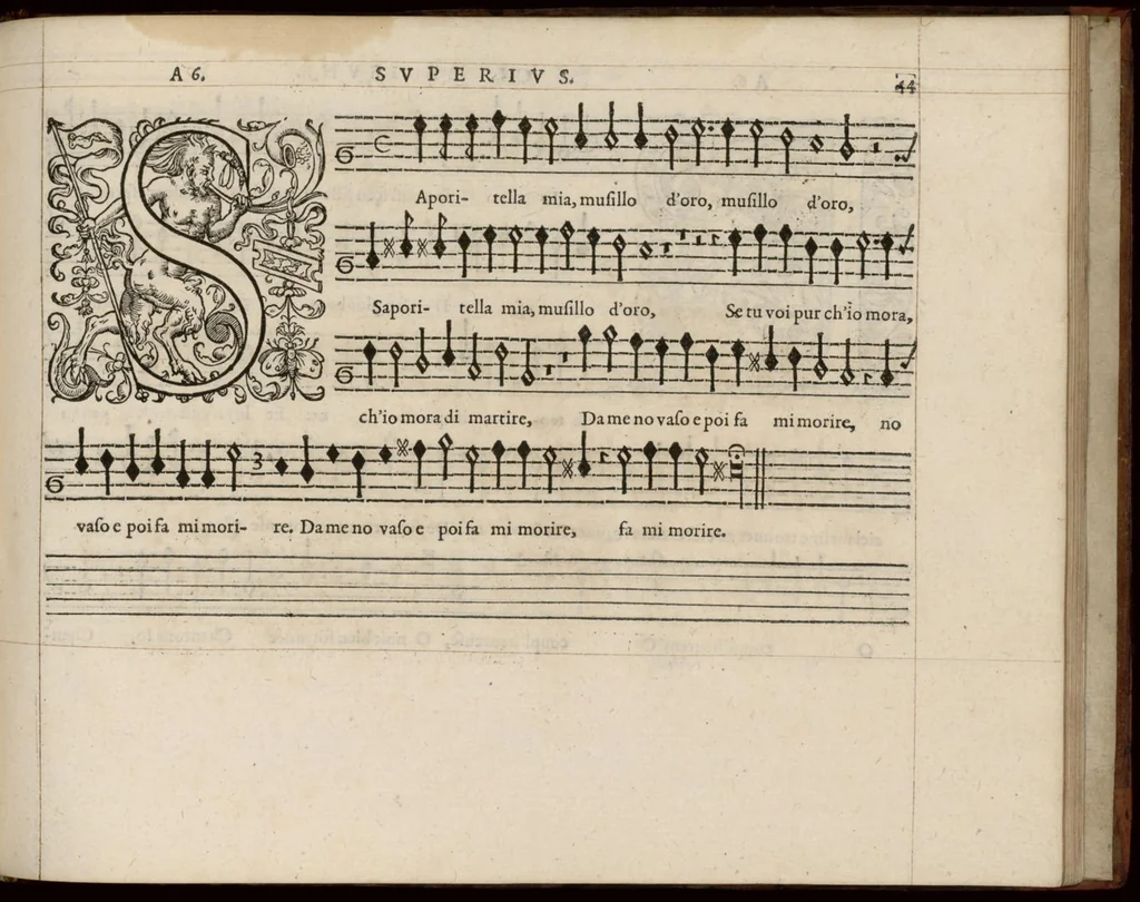 An illustration from Meslanges de la musique de Clau. Le Jeune a 4. 5. 6. 8. & 10. parties. Superius., 1587, leaf 94