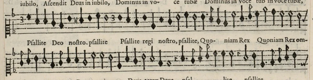 An illustration from Meslanges de la musique de Clau. Le Jeune a 4. 5. 6. 8. & 10. parties. Contra., 1587, leaf 106
