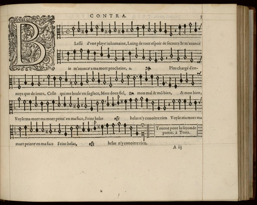An illustration from Meslanges de la musique de Clau. Le Jeune a 4. 5. 6. 8. & 10. parties. Contra., 1587, leaf 12
