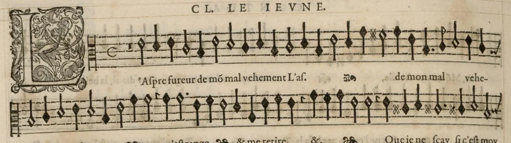 An illustration from Meslanges de la musique de Clau. Le Jeune a 4. 5. 6. 8. & 10. parties. Contra., 1587, leaf 17