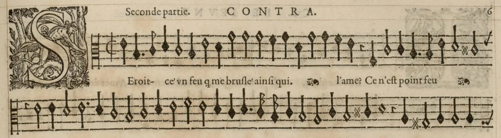 An illustration from Meslanges de la musique de Clau. Le Jeune a 4. 5. 6. 8. & 10. parties. Contra., 1587, leaf 18