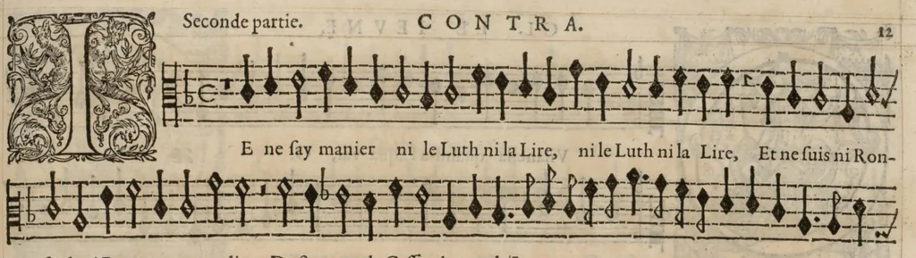 An illustration from Meslanges de la musique de Clau. Le Jeune a 4. 5. 6. 8. & 10. parties. Contra., 1587, leaf 30