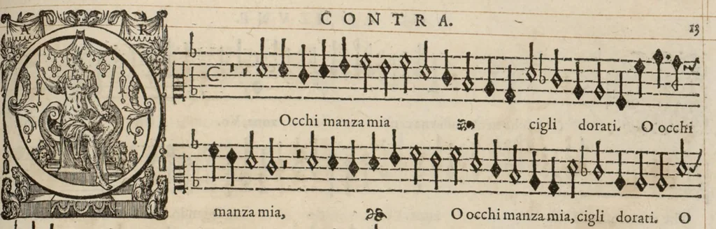 An illustration from Meslanges de la musique de Clau. Le Jeune a 4. 5. 6. 8. & 10. parties. Contra., 1587, leaf 32
