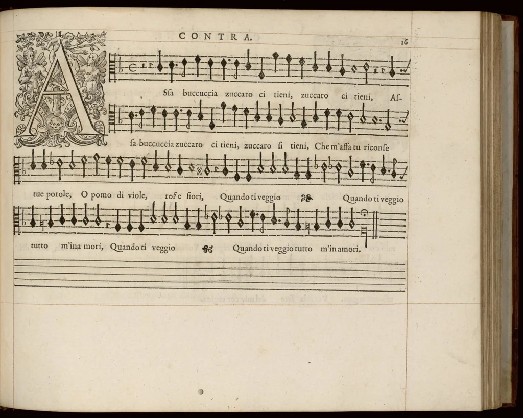 An illustration from Meslanges de la musique de Clau. Le Jeune a 4. 5. 6. 8. & 10. parties. Contra., 1587, leaf 38