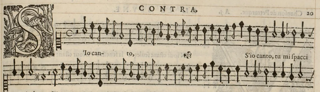 An illustration from Meslanges de la musique de Clau. Le Jeune a 4. 5. 6. 8. & 10. parties. Contra., 1587, leaf 46