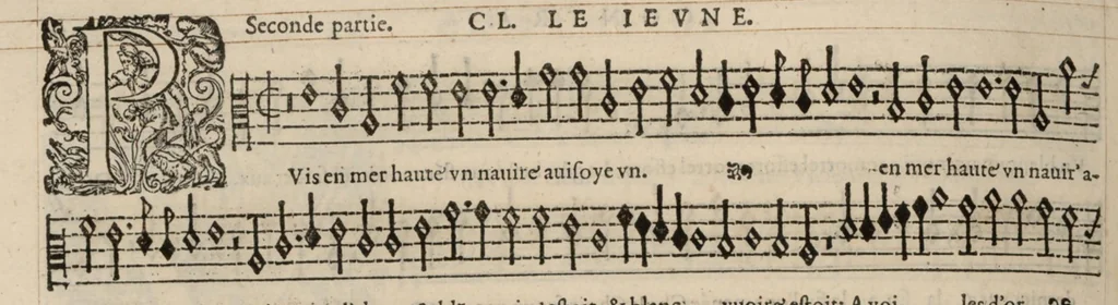 An illustration from Meslanges de la musique de Clau. Le Jeune a 4. 5. 6. 8. & 10. parties. Contra., 1587, leaf 49