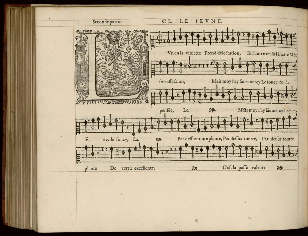 An illustration from Meslanges de la musique de Clau. Le Jeune a 4. 5. 6. 8. & 10. parties. Contra., 1587, leaf 71