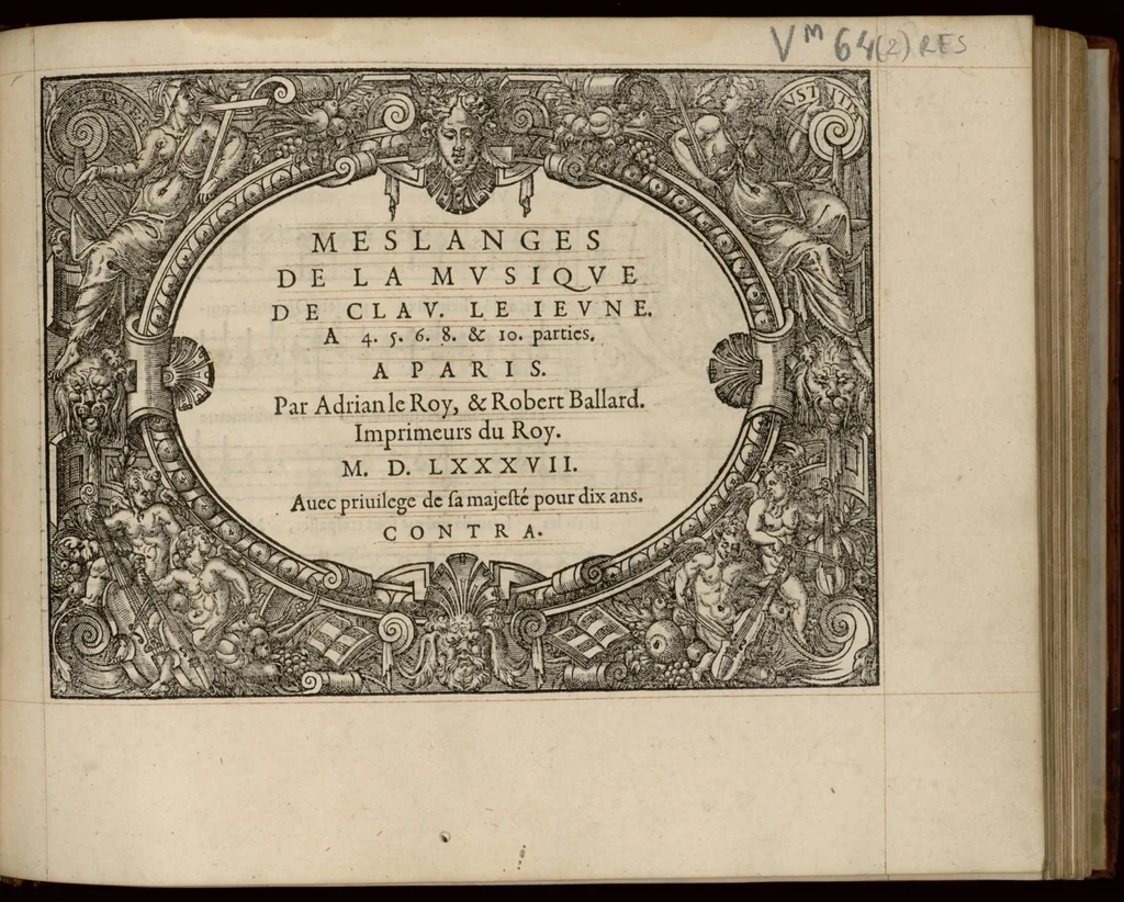An illustration from Meslanges de la musique de Clau. Le Jeune a 4. 5. 6. 8. & 10. parties. Contra., 1587, leaf 8