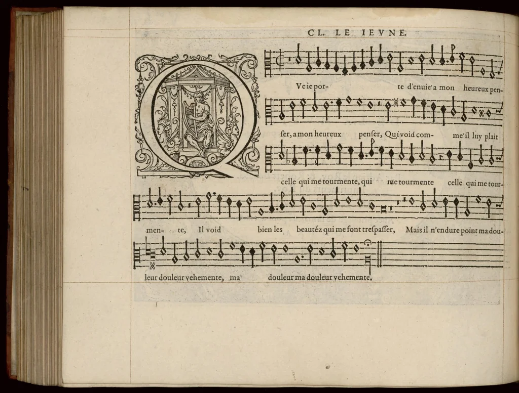 An illustration from Meslanges de la musique de Clau. Le Jeune a 4. 5. 6. 8. & 10. parties. Contra., 1587, leaf 9