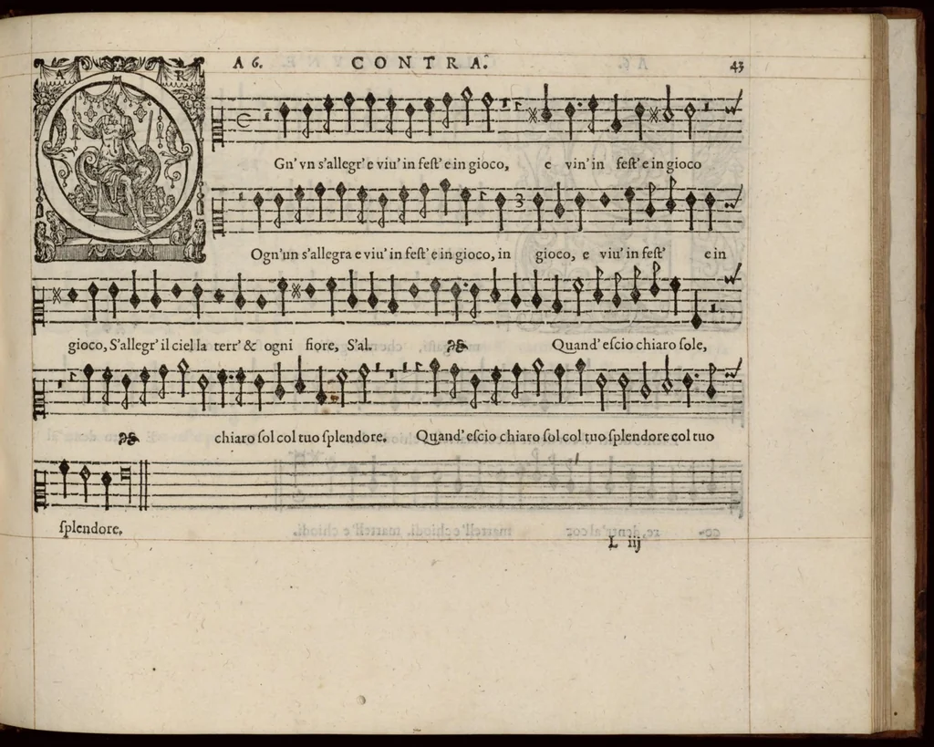 An illustration from Meslanges de la musique de Clau. Le Jeune a 4. 5. 6. 8. & 10. parties. Contra., 1587, leaf 92