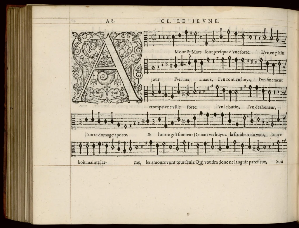 An illustration from Meslanges de la musique de Clau. Le Jeune a 4. 5. 6. 8. & 10. parties. Contra., 1587, leaf 99