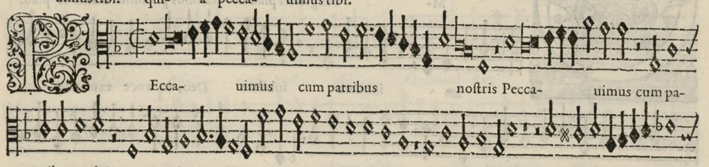 An illustration from Meslanges de la musique de Clau. Le Jeune a 4. 5. 6. 8. & 10. parties. Tenor, 1587, leaf 100