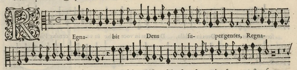 An illustration from Meslanges de la musique de Clau. Le Jeune a 4. 5. 6. 8. & 10. parties. Tenor, 1587, leaf 103