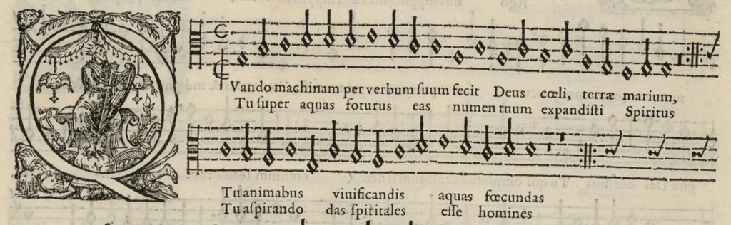An illustration from Meslanges de la musique de Clau. Le Jeune a 4. 5. 6. 8. & 10. parties. Tenor, 1587, leaf 106