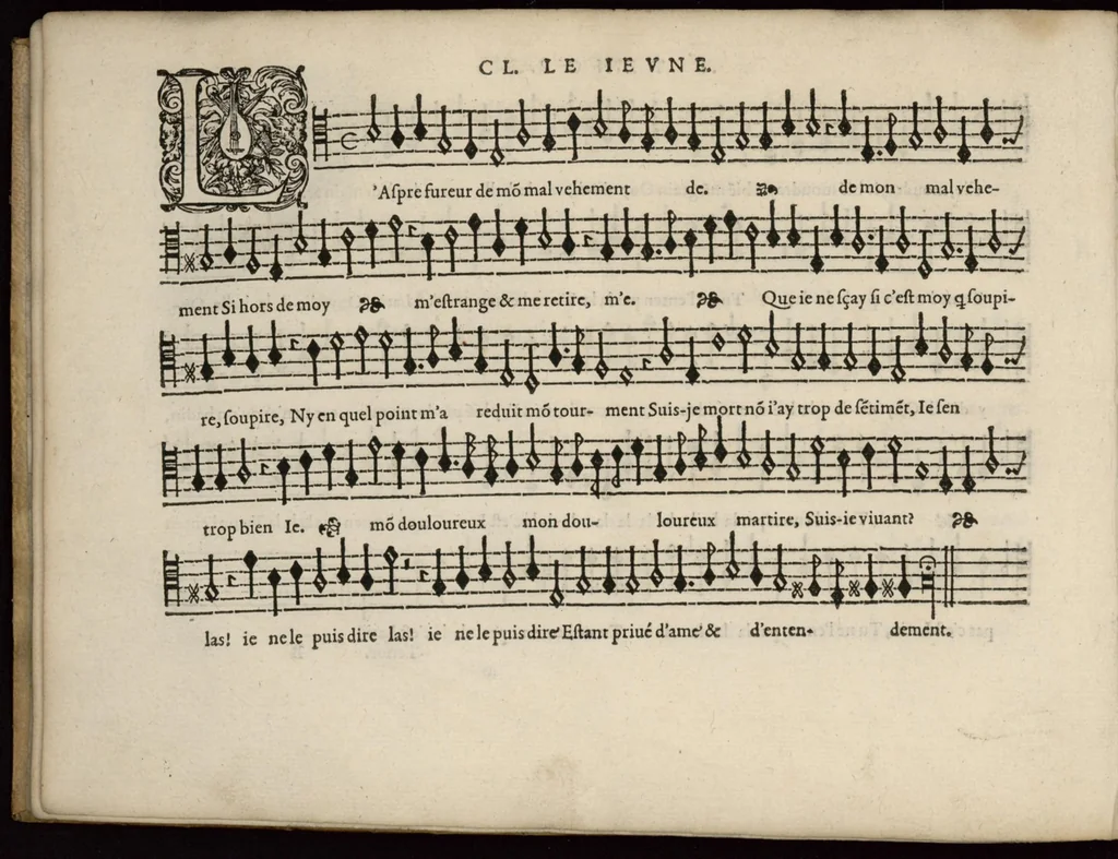 An illustration from Meslanges de la musique de Clau. Le Jeune a 4. 5. 6. 8. & 10. parties. Tenor, 1587, leaf 13