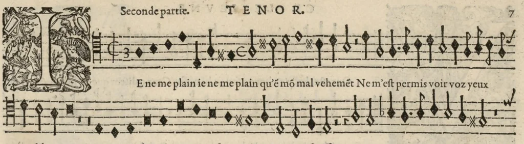 An illustration from Meslanges de la musique de Clau. Le Jeune a 4. 5. 6. 8. & 10. parties. Tenor, 1587, leaf 16