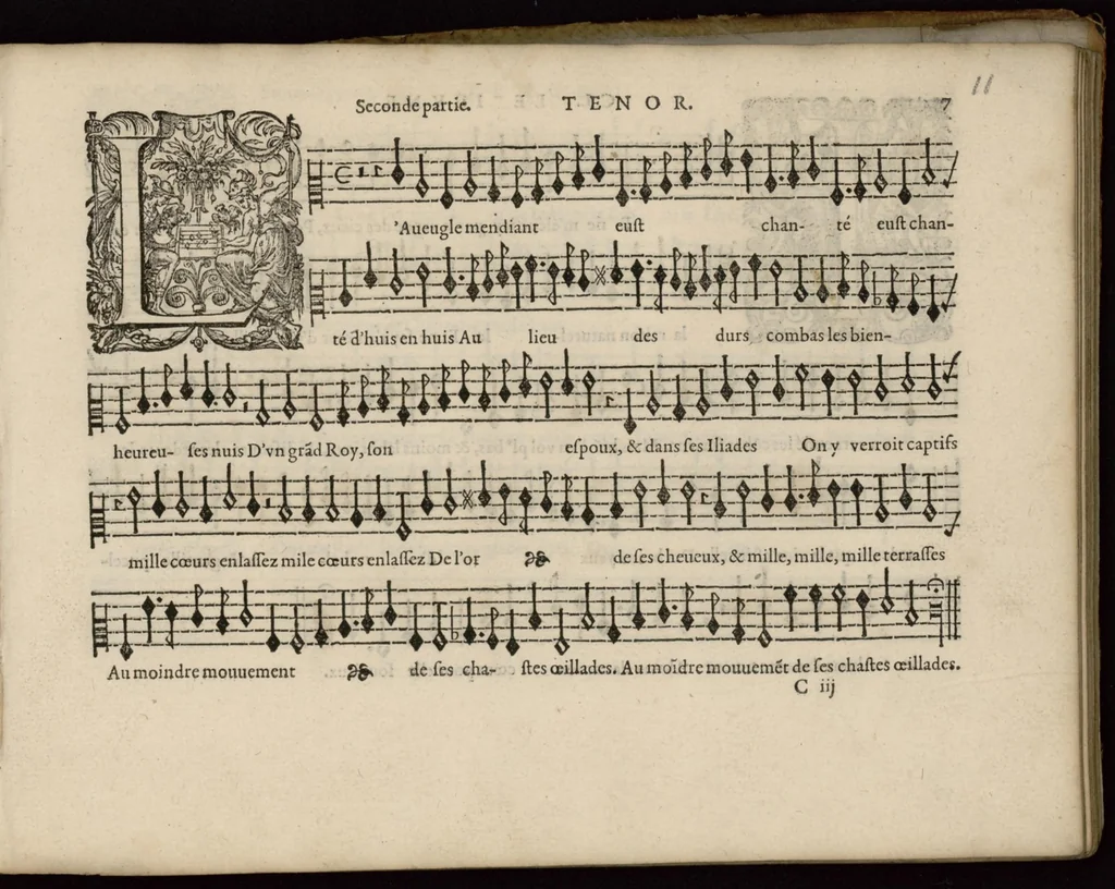An illustration from Meslanges de la musique de Clau. Le Jeune a 4. 5. 6. 8. & 10. parties. Tenor, 1587, leaf 24