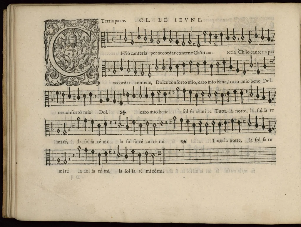 An illustration from Meslanges de la musique de Clau. Le Jeune a 4. 5. 6. 8. & 10. parties. Tenor, 1587, leaf 31