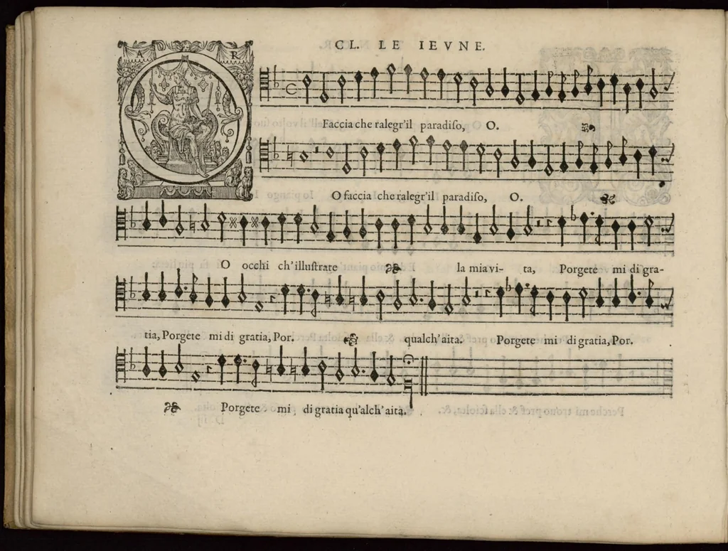 An illustration from Meslanges de la musique de Clau. Le Jeune a 4. 5. 6. 8. & 10. parties. Tenor, 1587, leaf 33