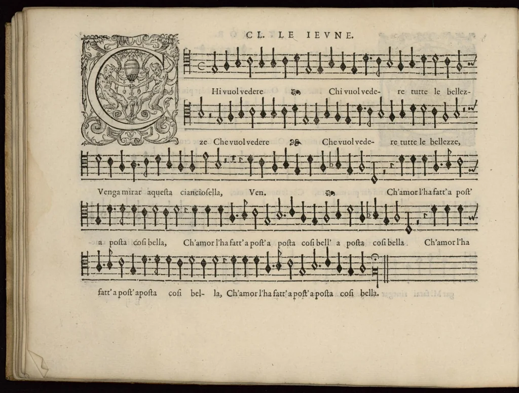 An illustration from Meslanges de la musique de Clau. Le Jeune a 4. 5. 6. 8. & 10. parties. Tenor, 1587, leaf 39
