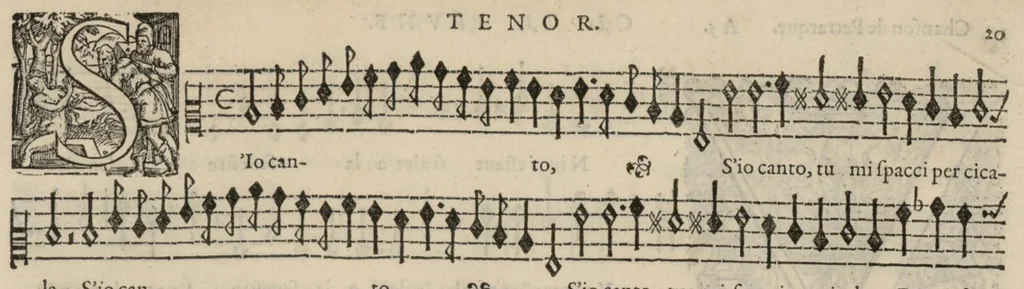An illustration from Meslanges de la musique de Clau. Le Jeune a 4. 5. 6. 8. & 10. parties. Tenor, 1587, leaf 42