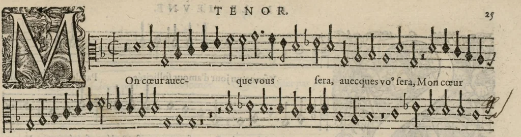 An illustration from Meslanges de la musique de Clau. Le Jeune a 4. 5. 6. 8. & 10. parties. Tenor, 1587, leaf 52