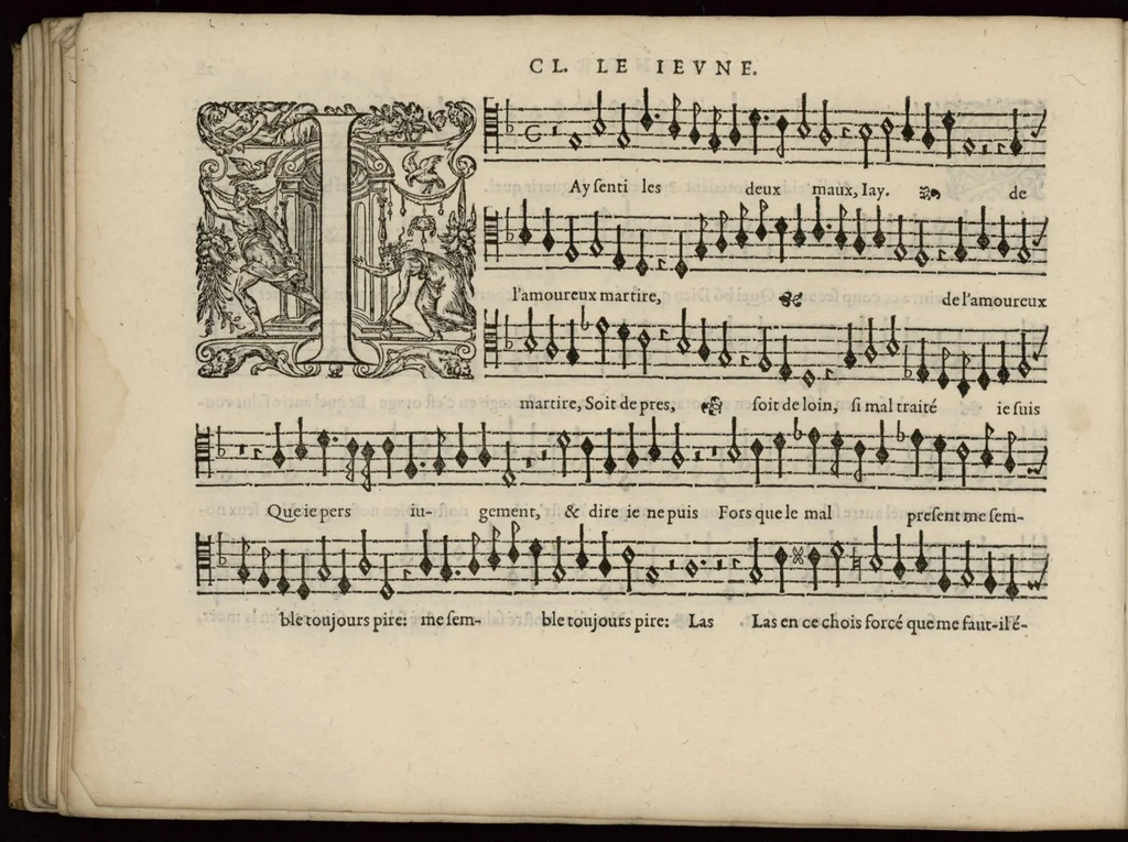 An illustration from Meslanges de la musique de Clau. Le Jeune a 4. 5. 6. 8. & 10. parties. Tenor, 1587, leaf 59