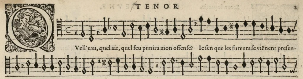 An illustration from Meslanges de la musique de Clau. Le Jeune a 4. 5. 6. 8. & 10. parties. Tenor, 1587, leaf 6