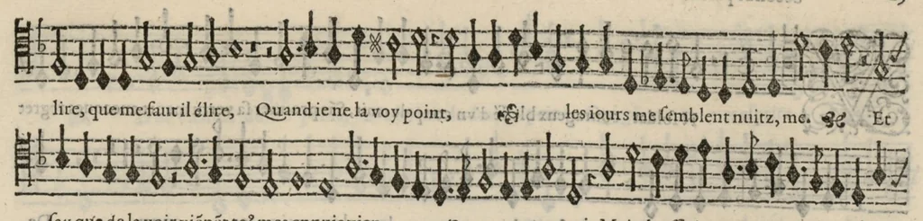 An illustration from Meslanges de la musique de Clau. Le Jeune a 4. 5. 6. 8. & 10. parties. Tenor, 1587, leaf 60
