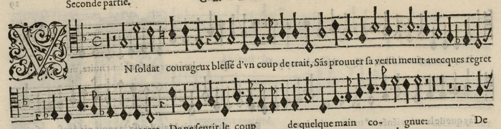 An illustration from Meslanges de la musique de Clau. Le Jeune a 4. 5. 6. 8. & 10. parties. Tenor, 1587, leaf 61