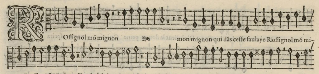 An illustration from Meslanges de la musique de Clau. Le Jeune a 4. 5. 6. 8. & 10. parties. Tenor, 1587, leaf 63