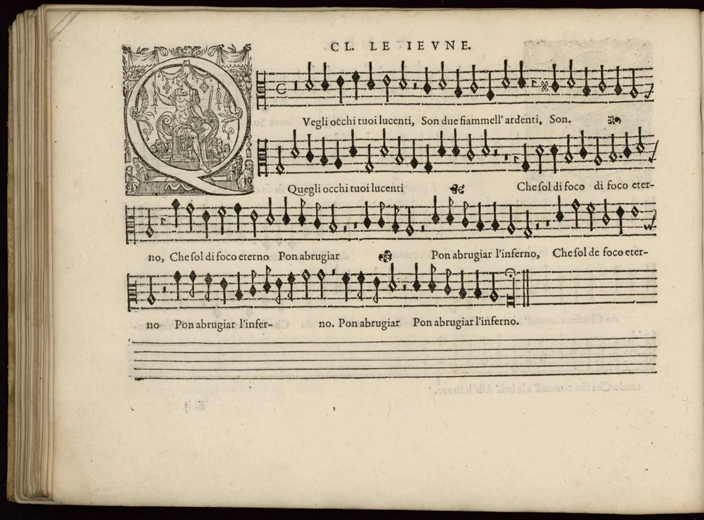 An illustration from Meslanges de la musique de Clau. Le Jeune a 4. 5. 6. 8. & 10. parties. Tenor, 1587, leaf 79