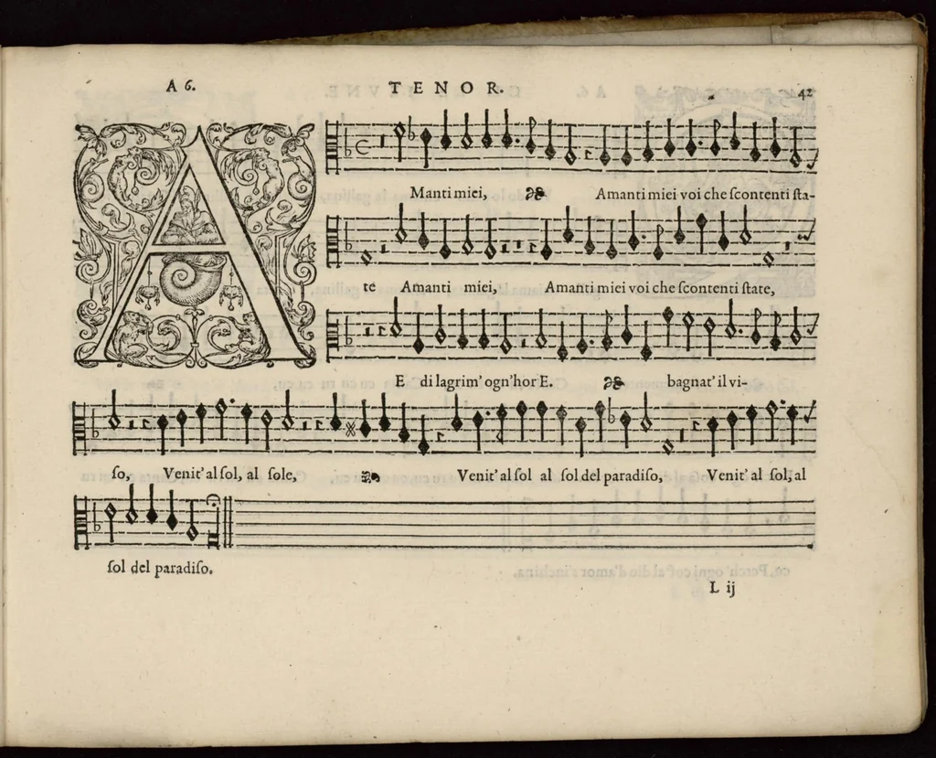 An illustration from Meslanges de la musique de Clau. Le Jeune a 4. 5. 6. 8. & 10. parties. Tenor, 1587, leaf 86