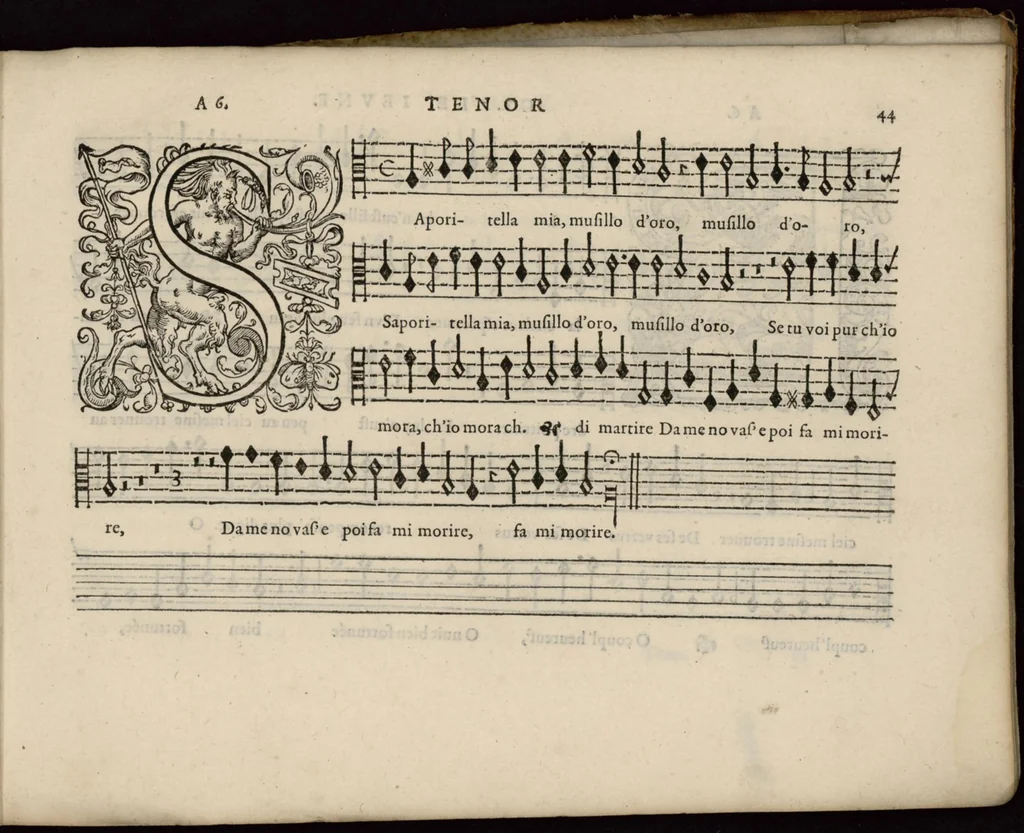 An illustration from Meslanges de la musique de Clau. Le Jeune a 4. 5. 6. 8. & 10. parties. Tenor, 1587, leaf 90