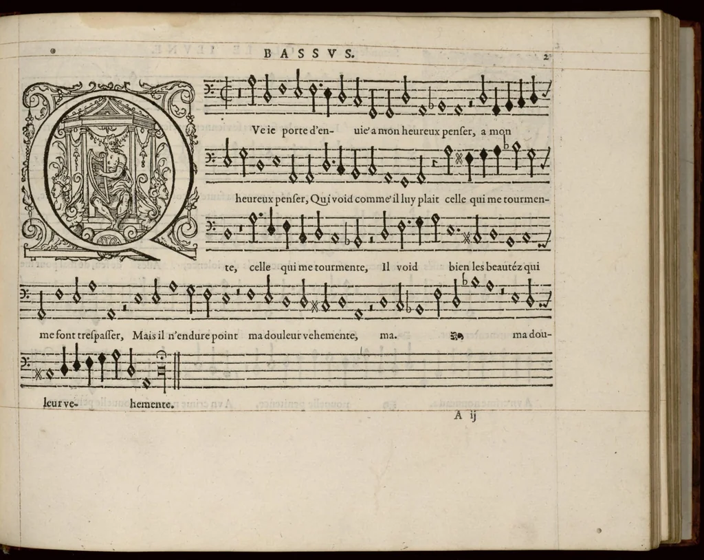 An illustration from Meslanges de la musique de Clau. Le Jeune a 4. 5. 6. 8. & 10. parties. Bassus., 1587, leaf 10