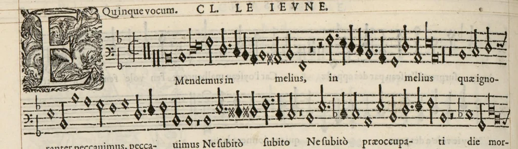 An illustration from Meslanges de la musique de Clau. Le Jeune a 4. 5. 6. 8. & 10. parties. Bassus., 1587, leaf 103