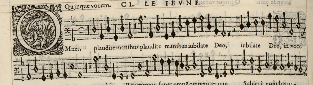 An illustration from Meslanges de la musique de Clau. Le Jeune a 4. 5. 6. 8. & 10. parties. Bassus., 1587, leaf 105