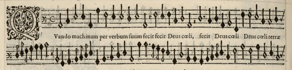 An illustration from Meslanges de la musique de Clau. Le Jeune a 4. 5. 6. 8. & 10. parties. Bassus., 1587, leaf 109