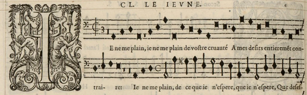 An illustration from Meslanges de la musique de Clau. Le Jeune a 4. 5. 6. 8. & 10. parties. Bassus., 1587, leaf 19